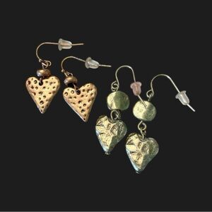 Textured Gold Heart Dangle Earrings Set | Boho Romantic Mixed Metal Drop Jewelry